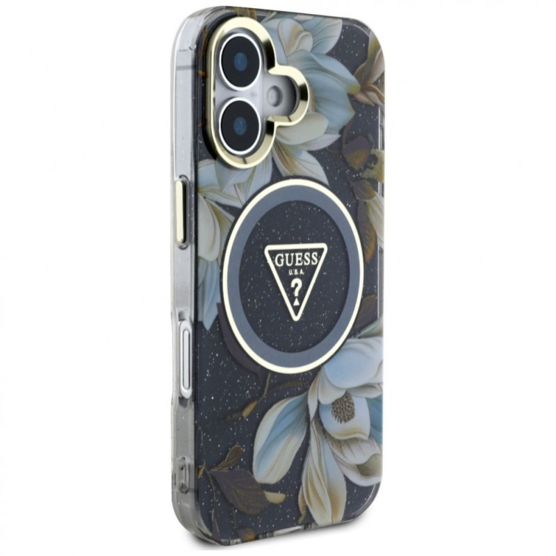 Guess Glitter Flowers Triangle Buttons MagSafe-hoesje voor Apple iPhone 16, zwart