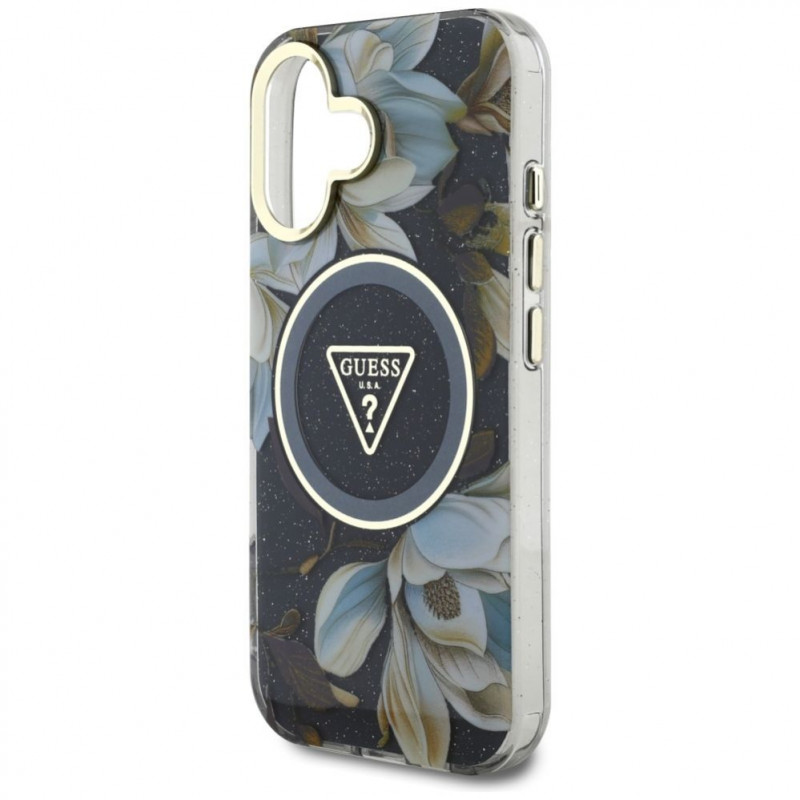 Guess Glitter Flowers Triangle Buttons MagSafe-hoesje voor Apple iPhone 16, zwart