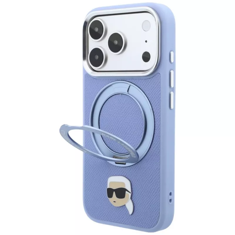 Karl Lagerfeld met Ring Stand 360 Karl Head Pin MagSafe-hoesje voor Apple iPhone 18 Pro Max / 17 Pro Max, lichtblauw (KF003238)