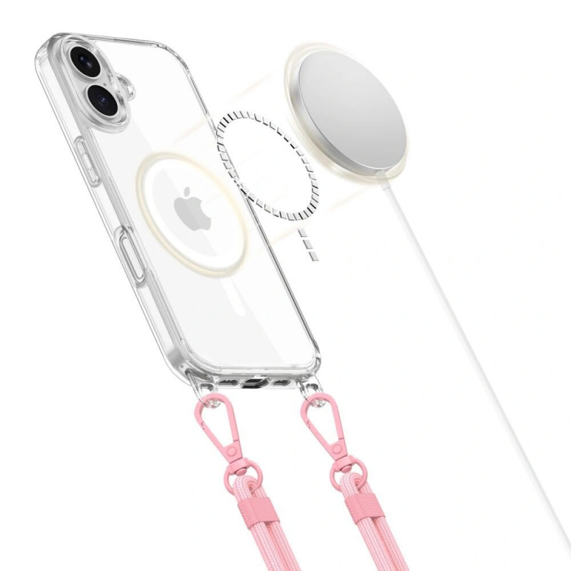 Tech-Protect FlexAir Chain MagSafe-hoesje voor Apple iPhone 16, transparant, met grijze en roze koordjes