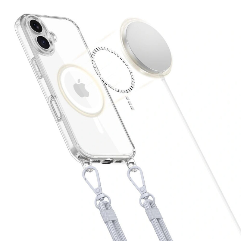 Tech-Protect FlexAir Chain MagSafe-hoesje voor Apple iPhone 16, transparant, met grijze en roze koordjes