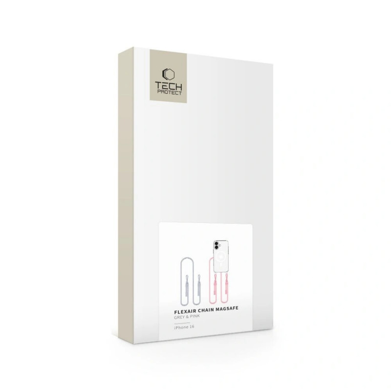 Tech-Protect FlexAir Chain MagSafe-hoesje voor Apple iPhone 16, transparant, met grijze en roze koordjes