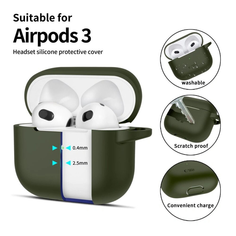 Tech-Protect Siliconen Hook-hoesje voor Apple AirPods 3 met karabijnhaak, olijfgroen