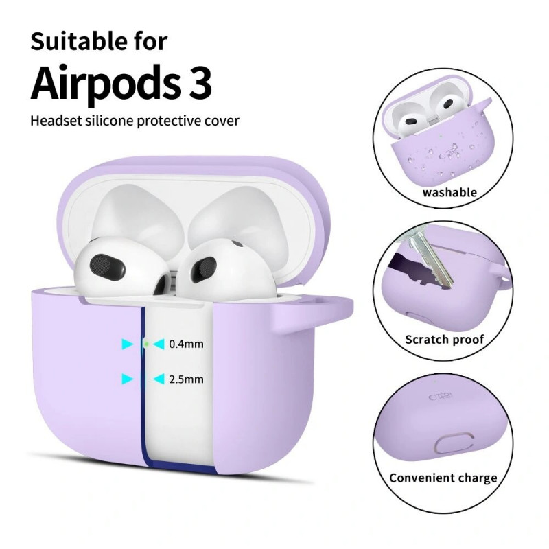 Tech-Protect Siliconen Hook-hoesje voor Apple AirPods 3 met karabijnhaak, lavendel