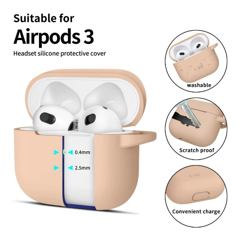 Tech-Protect Siliconen Hook-hoesje voor Apple AirPods 3 met karabijnhaak, Caffe Latte