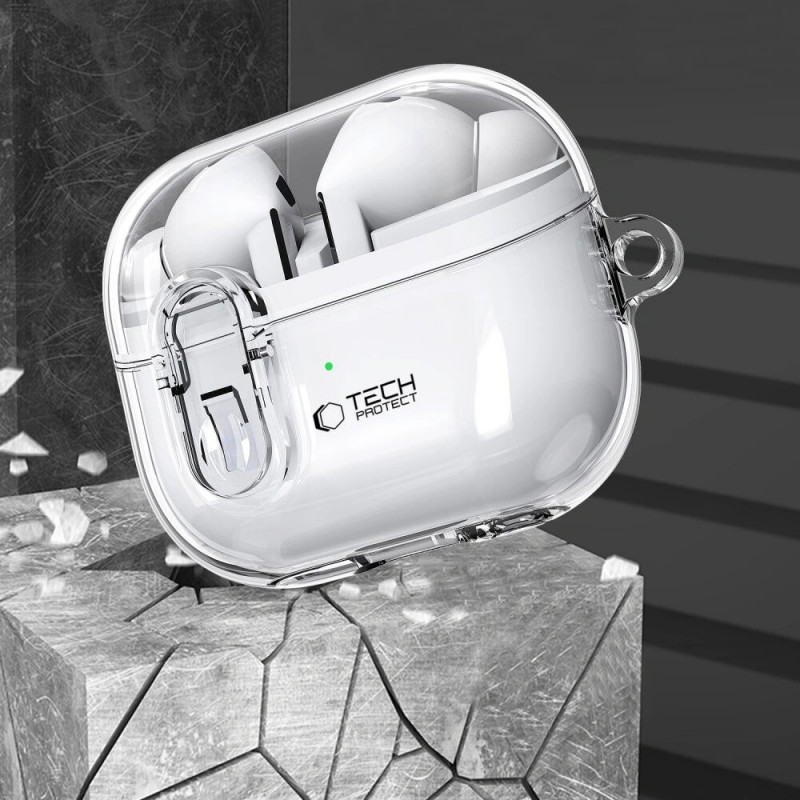 Tech-Protect FlexAir-hoesje met karabijnhaak voor Samsung Galaxy Buds 3 / 3 Pro, transparant