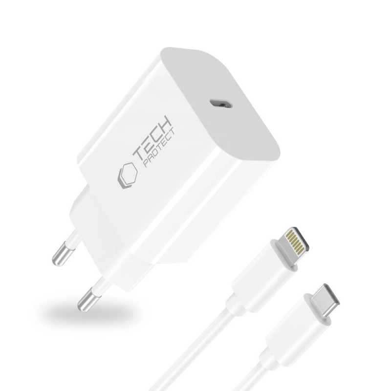 Tech-Protect NC20W 1-poorts USB-C wandlader PD 20W met Lightning-kabel, wit, 100 cm