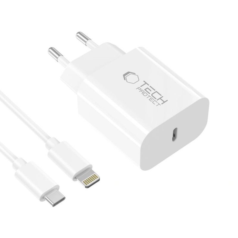 Tech-Protect NC20W 1-poorts USB-C wandlader PD 20W met Lightning-kabel, wit, 100 cm