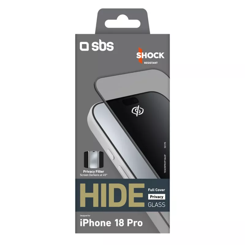 SBS Hide Full Cover Privacy Glass voor iPhone 18 Pro, 0,33 mm