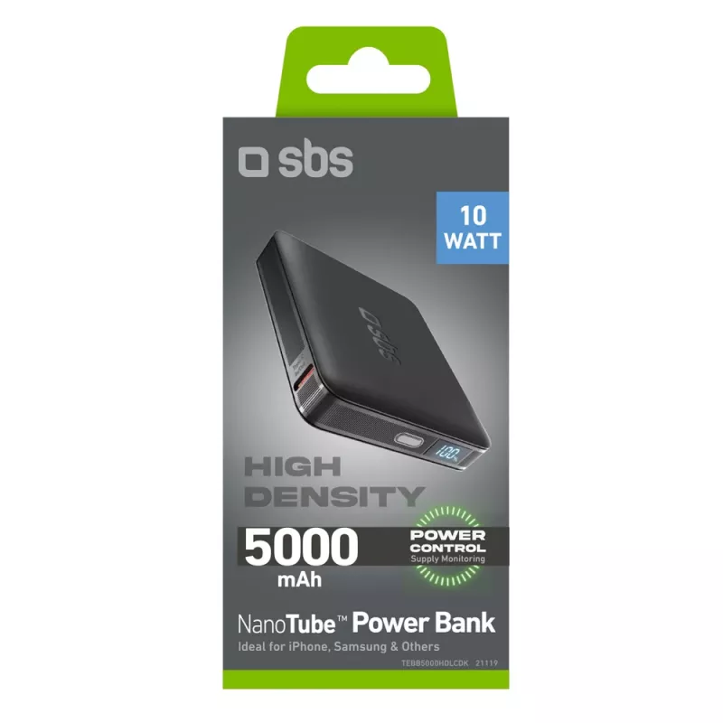 SBS HD 10W 5000mAh USB-C powerbank met LCD-display, zwart