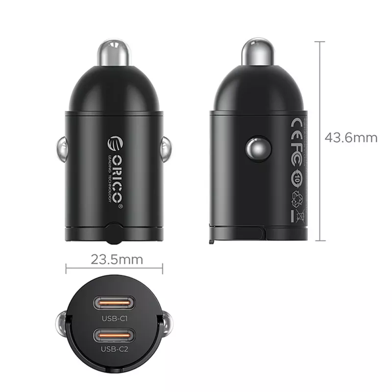 Orico MiniRing MR-30-2C 30W 2x USB-C autolader, zwart
