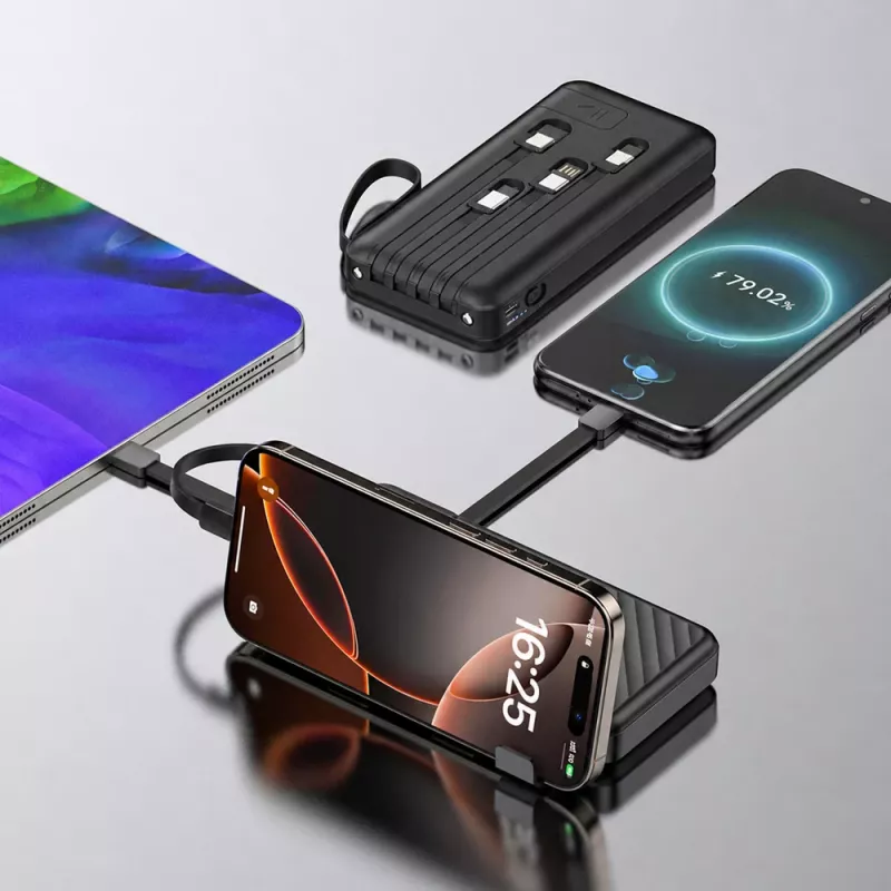 Wozinsky W11-B 10000mAh 10W powerbank met ingebouwde kabels en zaklamp, zwart
