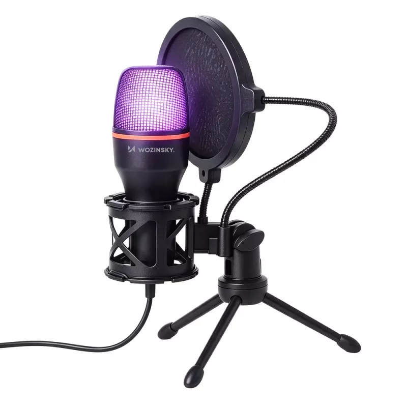 Wozinsky WM-W111 bedrade studio-gamemicrofoon op statief met RGB-achtergrondverlichting, zwart