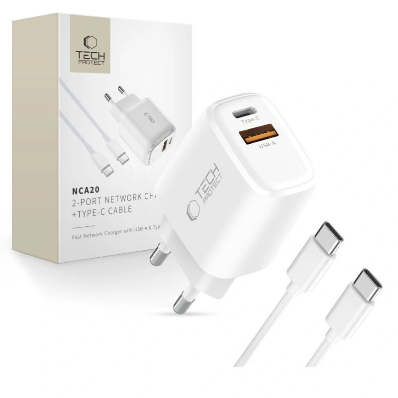 Tech-Protect NCA20 USB-A / USB-C wandlader PD 20W / QC3.0 met USB-C / USB-C-kabel 100 cm, wit