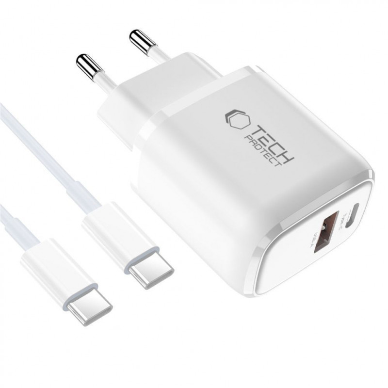 Tech-Protect NCA20 USB-A / USB-C wandlader PD 20W / QC3.0 met USB-C / USB-C-kabel 100 cm, wit