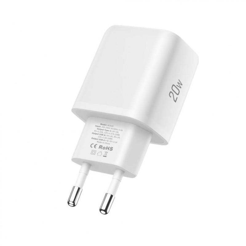 Tech-Protect NCA20 USB-A / USB-C wandlader PD 20W / QC3.0 met USB-C / USB-C-kabel 100 cm, wit