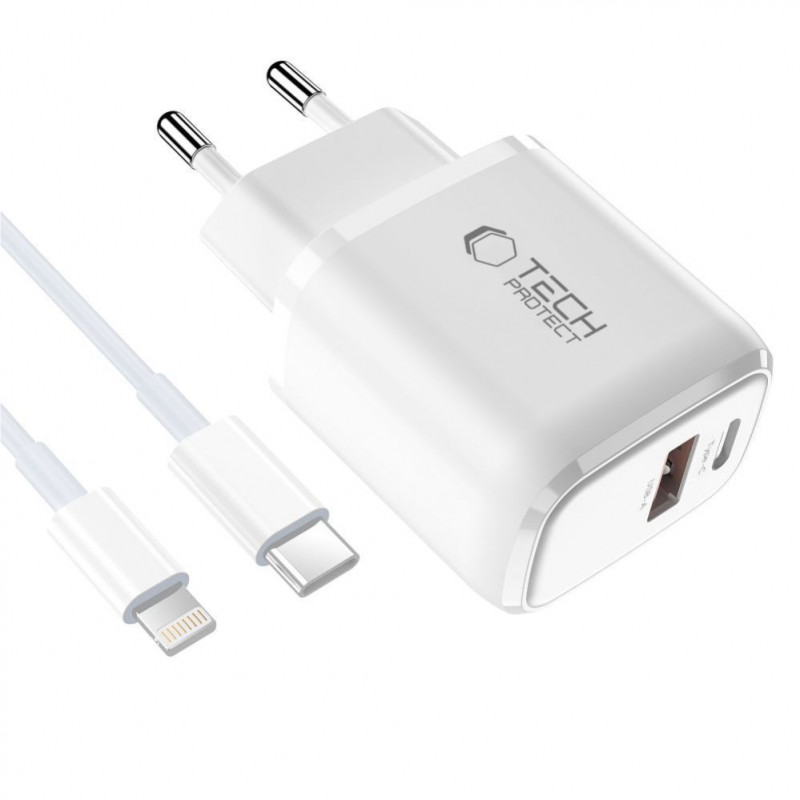 Tech-Protect NCA20 USB-A / USB-C wandlader PD 20W / QC3.0 met USB-C / Lightning-kabel 100 cm, wit