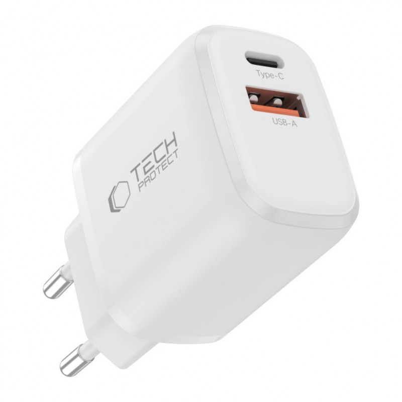 Tech-Protect NCA20 USB-A / USB-C wandlader PD 20W / QC3.0 met USB-C / Lightning-kabel 100 cm, wit