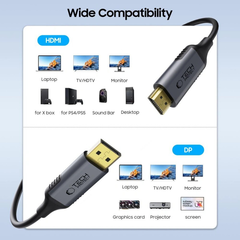 Tech-Protect UltraBoost DisplayPort / HDMI 2.0-kabel, 4K 60 Hz, 200 cm, zwart
