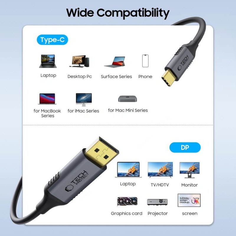Tech-Protect UltraBoost USB-C naar DisplayPort 1.4-kabel, 8K 60Hz, 180 cm, zwart