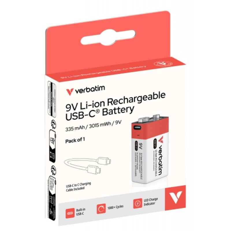 Verbatim 30251 USB-C oplaadbare batterij Li-ion 9V 335 mAh (1 st)