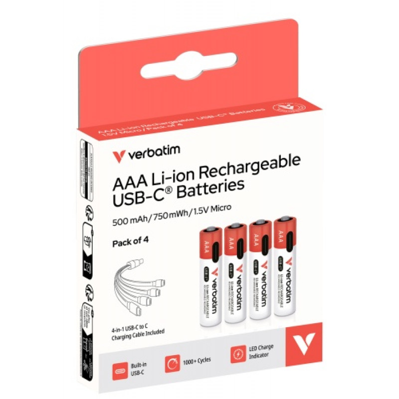Verbatim 30250 USB-C oplaadbare batterijen Li-ion AAA 500 mAh (4 stuks)
