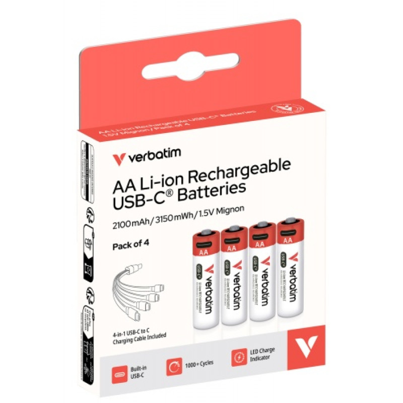 Verbatim 30249 USB-C oplaadbare batterijen Li-ion AA 2100 mAh (4 stuks)