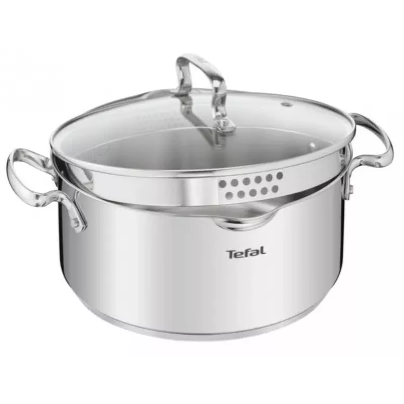 Tefal Duetto+ G7194655 steelpan, rond, roestvrij staal, 24 cm, glazen deksel