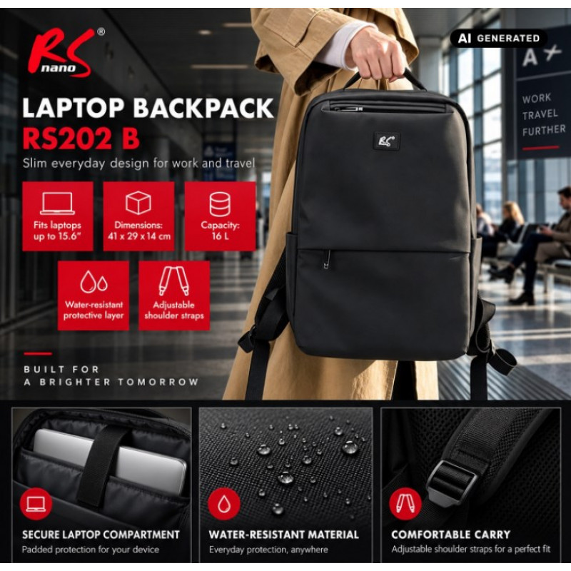 NanoRS RS202 B Laptoptas rugzak 15,6", zwart, 41x29x4, waterdicht