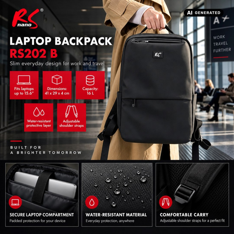 NanoRS RS202 B Laptoptas rugzak 15,6", zwart, 41x29x4, waterdicht