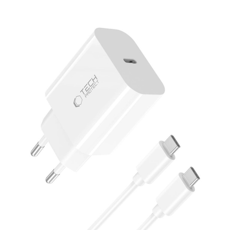 Tech-Protect NC20W 1-poorts USB-C wandlader PD20W met USB-C / USB-C-kabel, wit