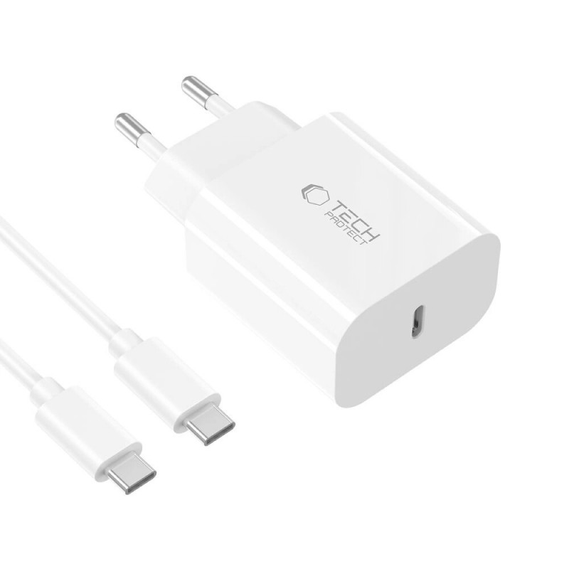 Tech-Protect NC20W 1-poorts USB-C wandlader PD20W met USB-C / USB-C-kabel, wit