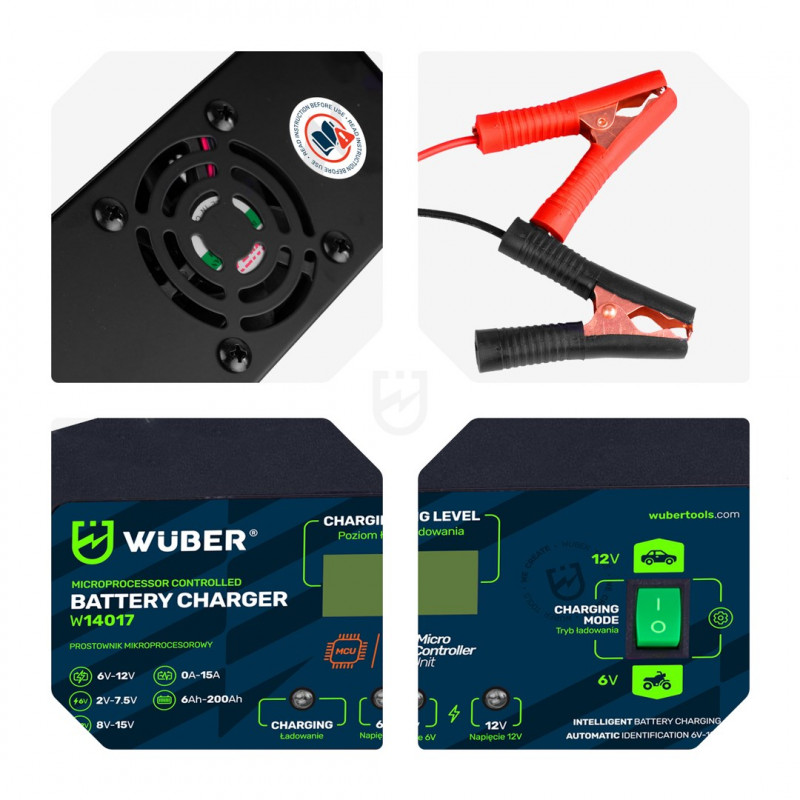Wuber W14017 microprocessor-accuoplader, 6-12 V, 15 A