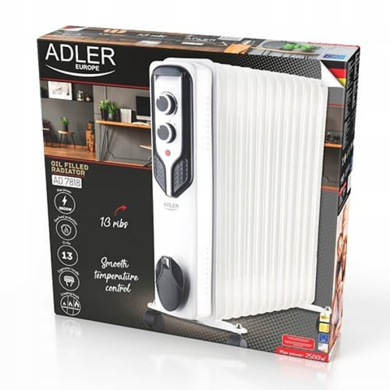 Adler AD 7818 olieradiator, 2500 W, 3 vermogensstanden, 13 ribben, wit