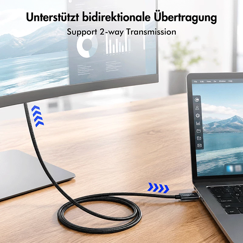 LogiLink CUA0120 USB 3.2 Gen2 Type-C-kabel, C/M naar DP/M, bi-di, 8K/60 Hz, metaal, zwart, 1,8 m