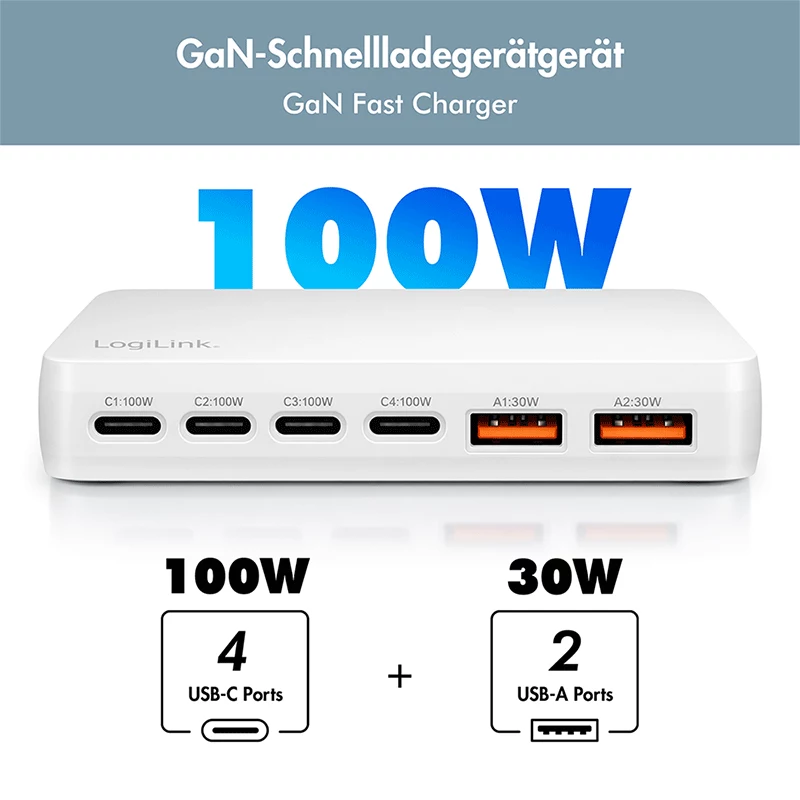 LogiLink PA0418 USB-A/C desktoplader, 100 W, GaN, 6 poorten, 2x USB-A (QC), 4x USB-C (PD), wit
