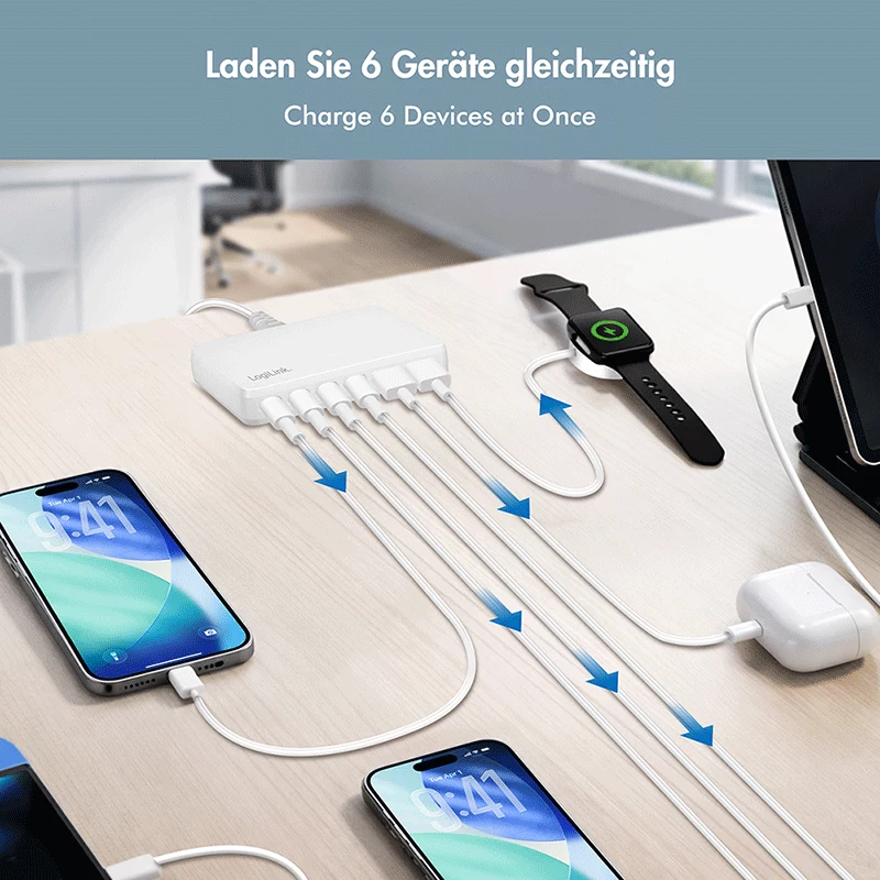 LogiLink PA0418 USB-A/C desktoplader, 100 W, GaN, 6 poorten, 2x USB-A (QC), 4x USB-C (PD), wit