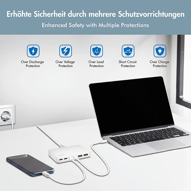 LogiLink PA0418 USB-A/C desktoplader, 100 W, GaN, 6 poorten, 2x USB-A (QC), 4x USB-C (PD), wit