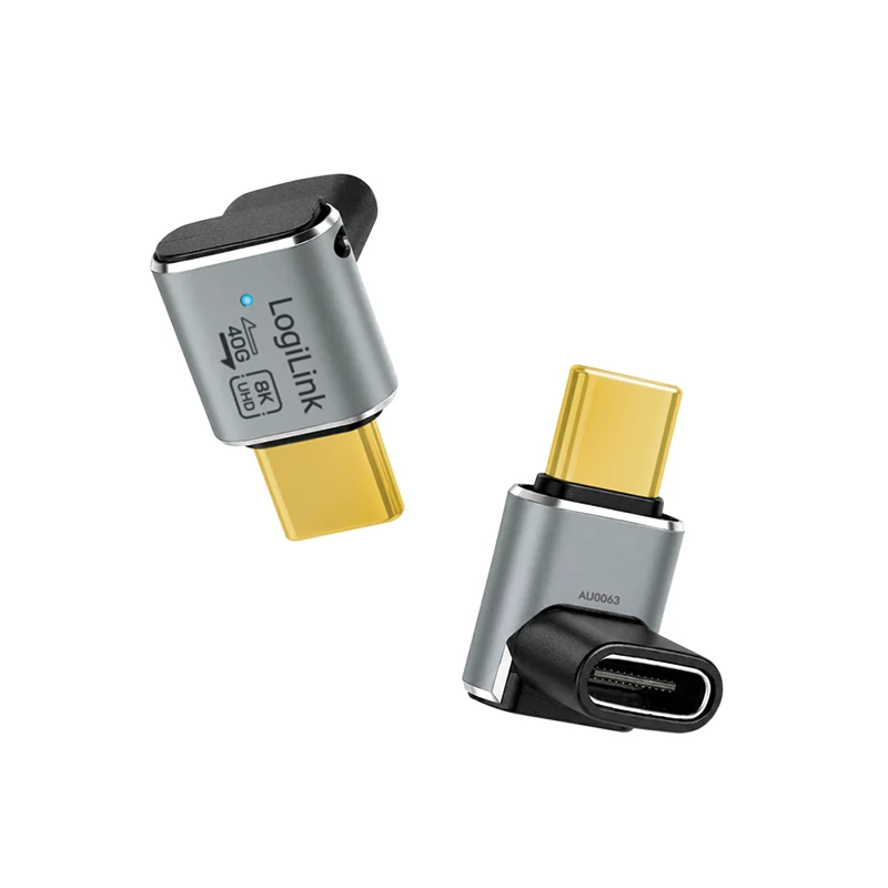 LogiLink AU0063 USB 4 Type-C-adapter 90° U/D, C/M naar C/F, 40 Gbps, 240W, 8K/60 Hz, metaal, zilver
