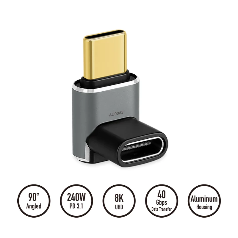 LogiLink AU0063 USB 4 Type-C-adapter 90° U/D, C/M naar C/F, 40 Gbps, 240W, 8K/60 Hz, metaal, zilver