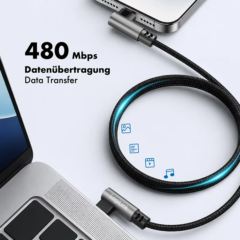 LogiLink CU0461 USB 2.0 Type-C-kabel, C/M 90° naar C/M 90°, 480 Mbps, 100W, metaal, zilver/zwart, 1 m