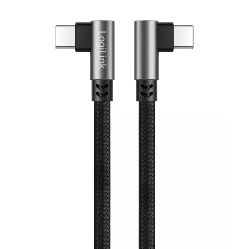 LogiLink CU0462 USB 2.0 Type-C-kabel, C/M 90° naar C/M 90°, 480 Mbps, 100W, metaal, zilver/zwart, 2 m
