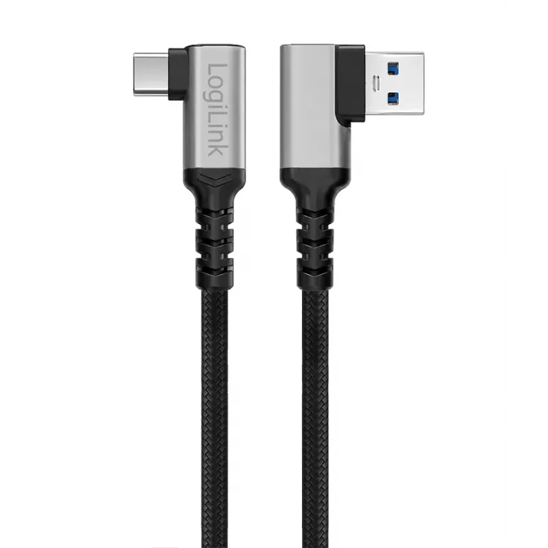 LogiLink CU0471 USB 3.2 Gen1 Type-C-kabel, A/M 90° naar C/M 90°, 5 Gbps, 60W, metaal, zilver/zwart, 1 m