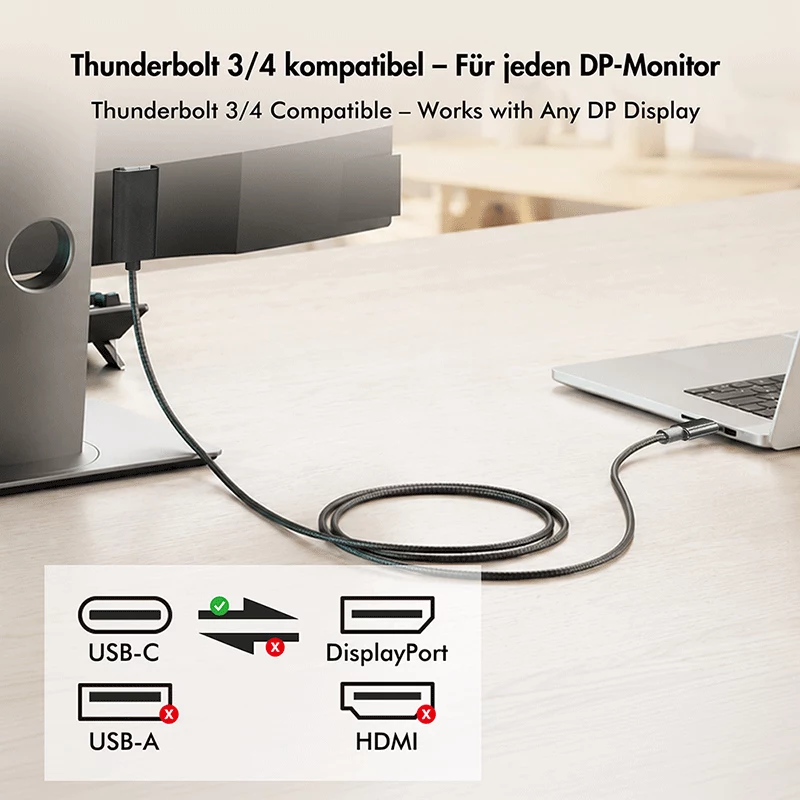 Logilink CUA0131 USB 3.2 Gen2 Type-C-kabel, C/M naar DP/M, 8K/60 Hz, nylon, metaal, zwart, 2 m