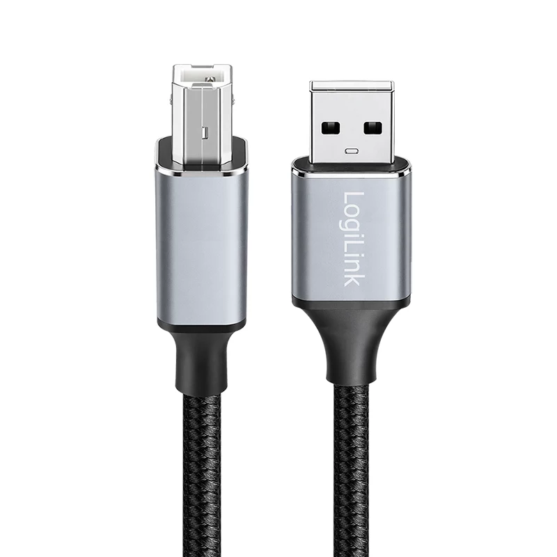 Logilink CU0107 USB 2.0-kabel, USB-A/M naar USB-B/M, 480 Mbps, nylon, metaal, zwart/zilver, 2 m