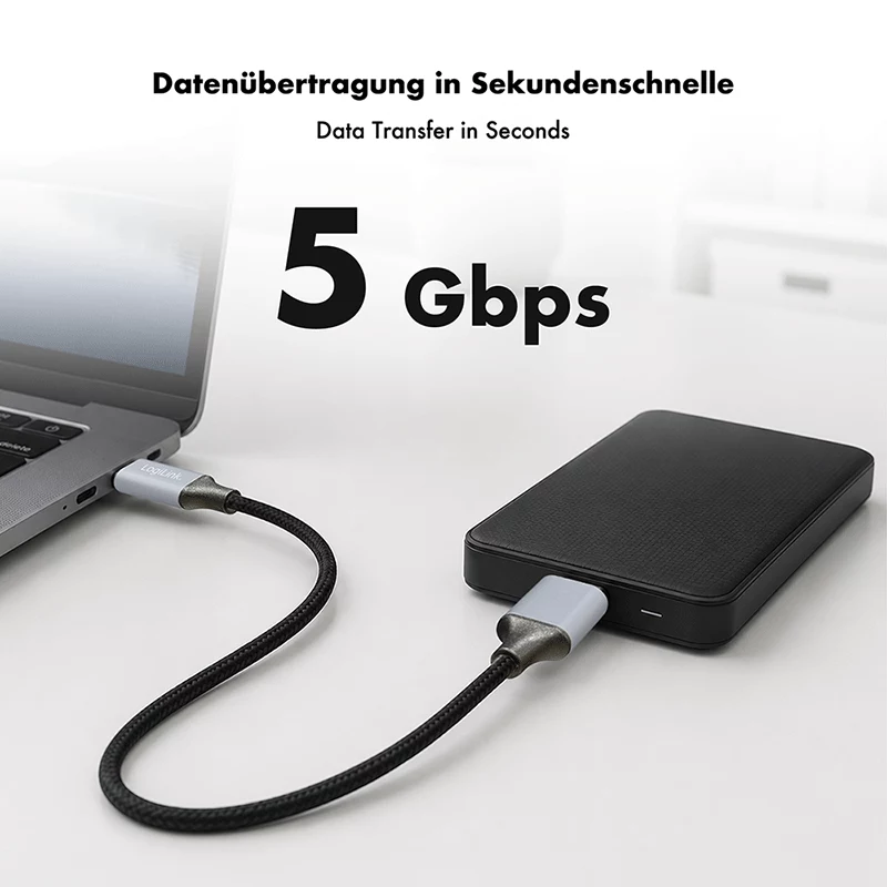 Logilink CU0198 USB 3.2 Gen1 Type-C-kabel, C/M naar Micro-USB/M, 5 Gbps, nylon, metaal, zwart/zilver, 1 m