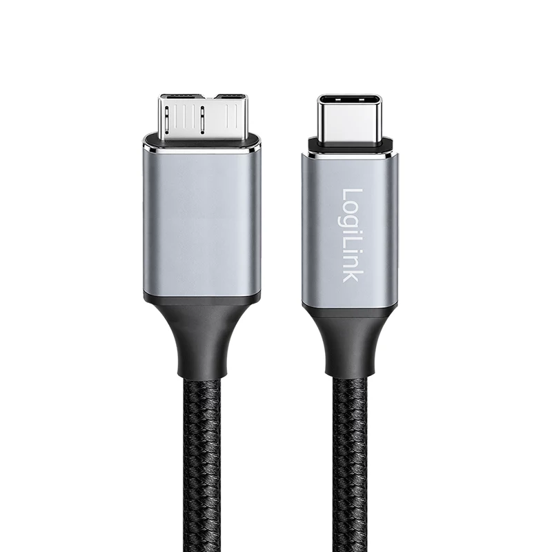 Logilink CU0199 USB 3.2 Gen1 Type-C-kabel, C/M naar Micro-USB/M, 5 Gbps, nylon, metaal, zwart/zilver, 2 m