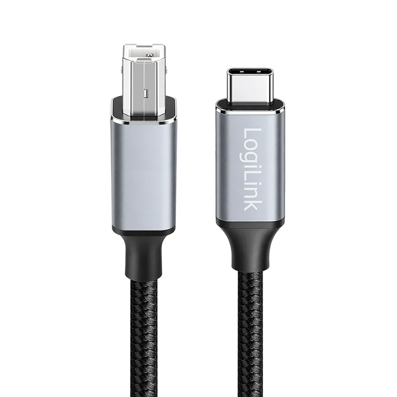 Logilink CU0515 USB 2.0 Type-C-kabel, C/M naar B/M, 480 Mbps, nylon, metaal, zwart/zilver, 2 m