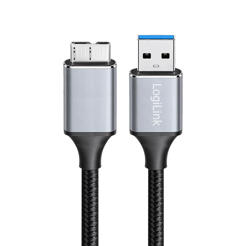 Logilink CU0290 USB 3.0-kabel, A/M naar Micro-USB/M, 5 Gbps, nylon, metaal, zwart/zilver, 1 m