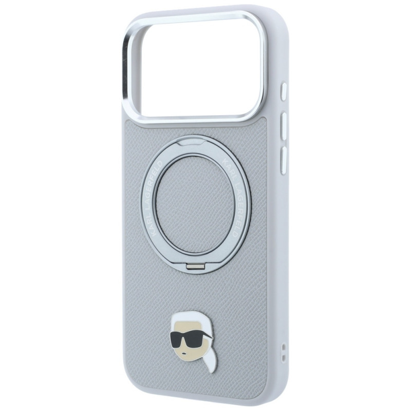 Karl Lagerfeld with Ring Stand 360 Karl Head Pin MagSafe hoesje voor Apple iPhone 18 Pro Max / 17 Pro Max, grijs (KF003236)